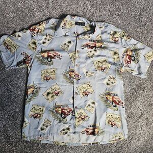 Vintage WTF Classic Car Silk Hawaiian Style Button-Down Size XL Short Sleeve